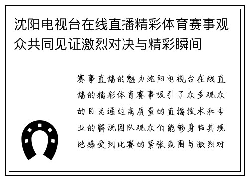 沈阳电视台在线直播精彩体育赛事观众共同见证激烈对决与精彩瞬间